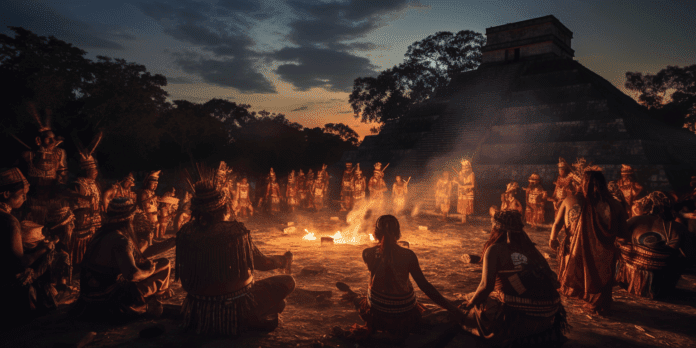 Mayan Shaman during eclipse ceremony reading mayan calendar