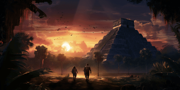 Chichen Itza solar eclipse with shadowy figures and ancient ruins backdrop