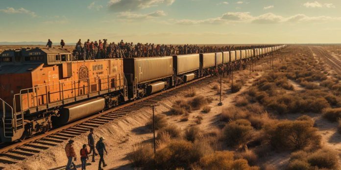 A group of asylum seekers waiting near the Texas border wall.