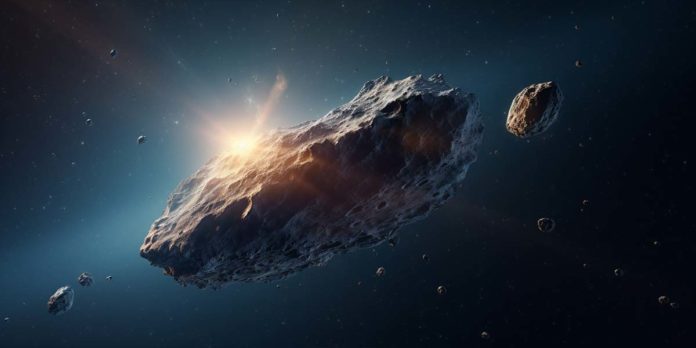 Artist's rendition of densely-packed asteroid 33 Polyhymnia possibly containing new elements.