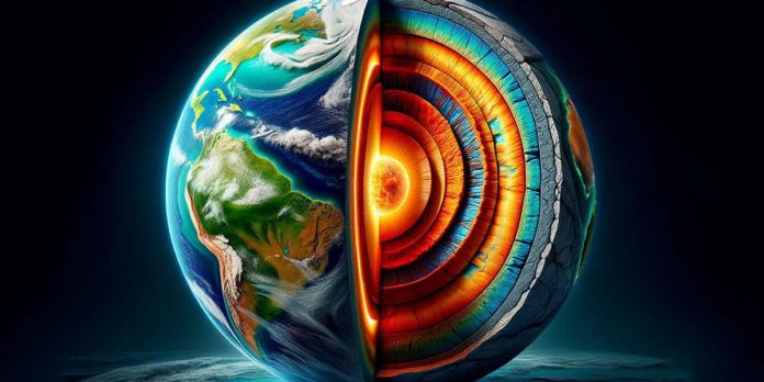 Illustration of Earth's internal layers with a focus on the core emitting a strange energy